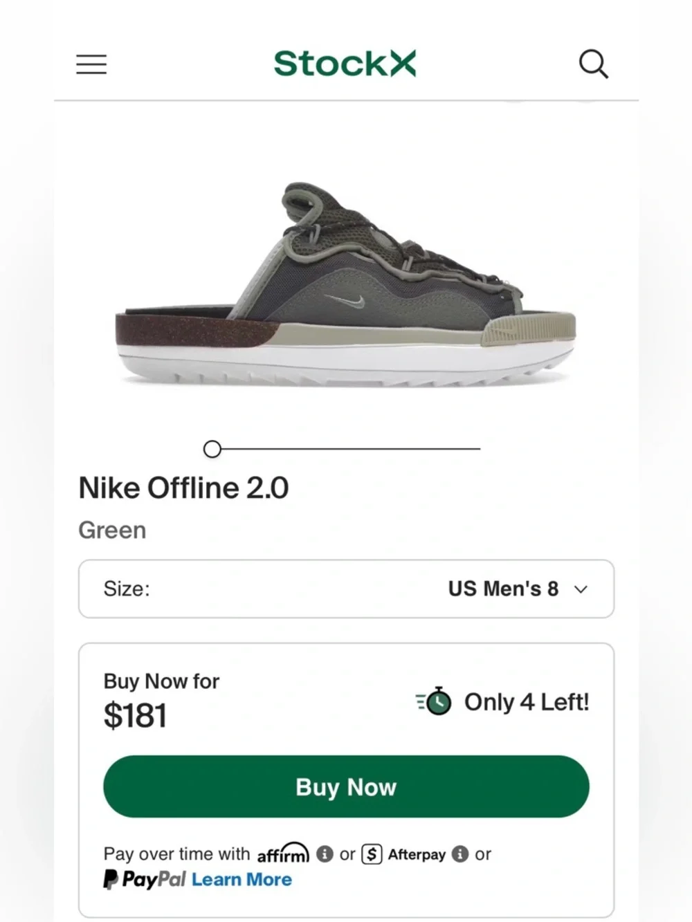Nike Offline 2.0 Olive Green Slide-Sneaker with White Sole